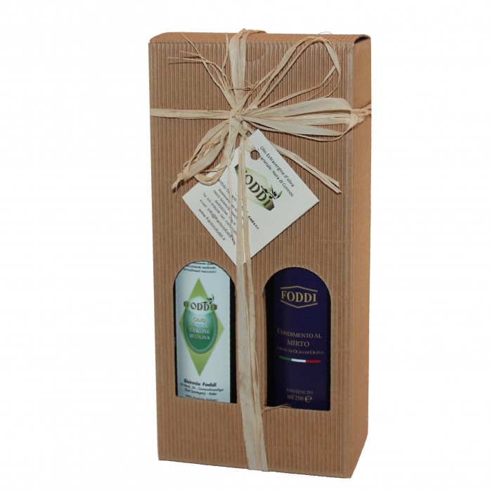 Gift box with Extra Virgin Olive Oil and Myrtle Dressing -  two tin bottles of 250 ml each